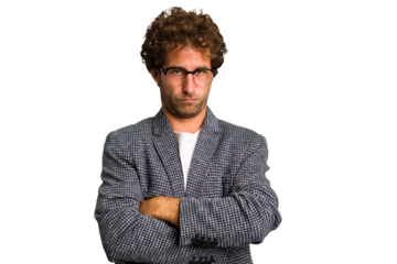 Young curly smart caucasian man cut out isolated tired of a repetitive task.