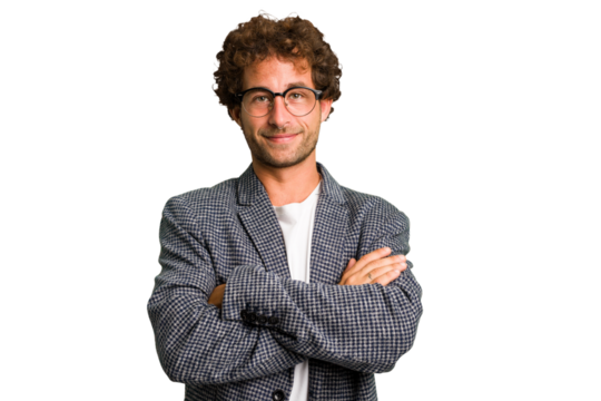 Young curly smart caucasian man cut out isolated who feels confident, crossing arms with determination.