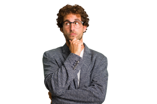 Young curly smart caucasian man cut out isolated suffers pain in throat due a virus or infection.