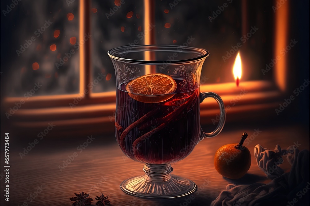 Poster a painting of a cup of tea with a slice of orange on the side and a lit candle in the background wit