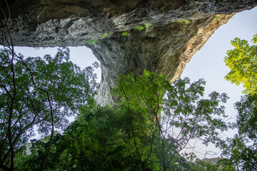 Stone gate, stone arch in a cave entrance over trees, natural rock boulder