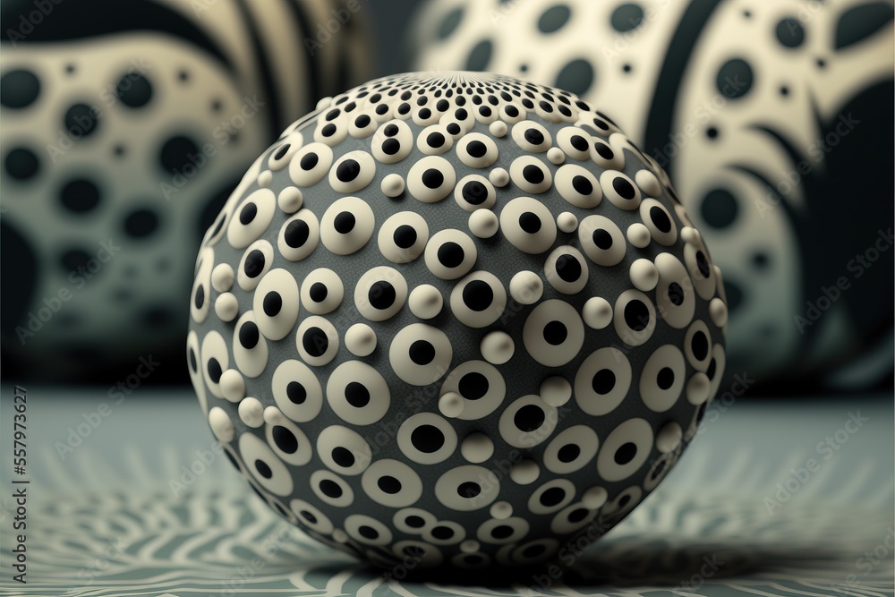 Poster a close up of a ball on a table with a pattern on it and a black and white background with circles o
