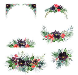 Watercolor, hand-drawn wreaths, bouquets and borders of burgundy and red flowers, pine branches and green foliage. Dark flowers for holiday cards, wedding invitations, scrapbooking, burgundy red