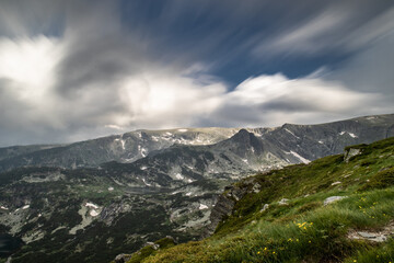 Dramatic panoramic view of valley canyon mountains in the Himalayas. 