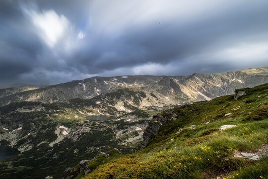 Dramatic long exposure sky blurred clouds above mountains High quality background, Rila mountains Bulgaria