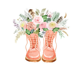 Watercolor compositions of flowers and shoes. Cowboy boots with a bouquet of flowers and feathers. Cowboy boots, rubber boots, leather boots with flowers for cards, posters and stickers