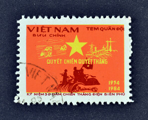 Cancelled postage stamp printed by Vietnam, that shows 30th Anniversary of Victory at Dien Bien...