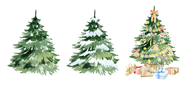 Hand drawn watercolor Christmas trees with toys, garlands and snowflakes. Holiday cards, forest trees, evergreens. Festive mood. For cards, posters, invitations, scrapbooking