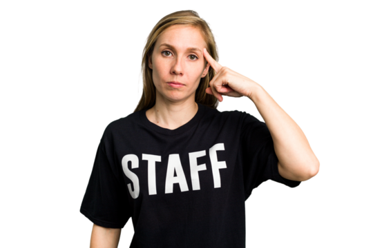 Young caucasian staff woman isolated pointing temple with finger, thinking, focused on a task.