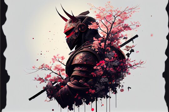 Japanese Samurai concept with cherry blossom. Generative AI