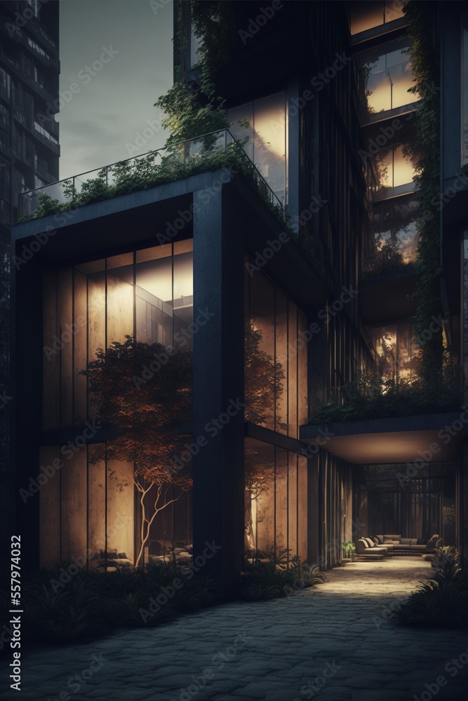 Poster a very tall building with a lot of windows and plants on the top of it's balconies and a tree in the middle of the building is lit up at night time., generative ai