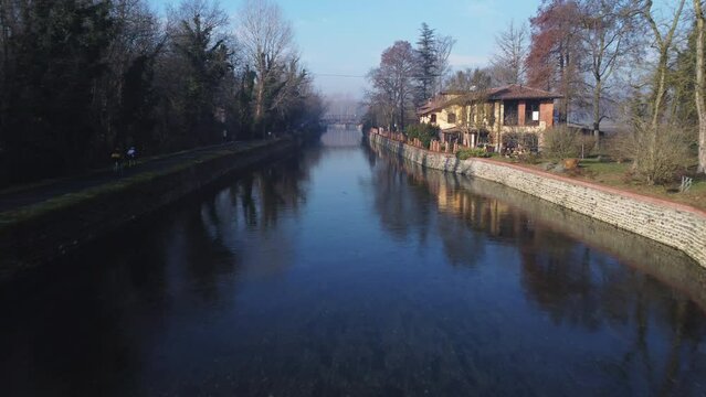 Aerial view of the Naviglio Grande, Castelletto Di Cuggiono, near Milan, Italy