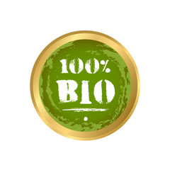 100% natural bio organic icon. Vector round green icon with grunge textures and lettering . Gold and green color