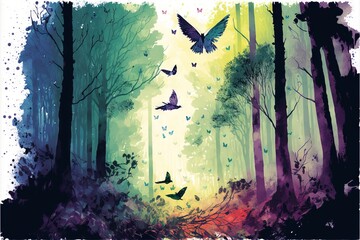 a watercolor painting of birds in a forest with trees and butterflies in the sky.
