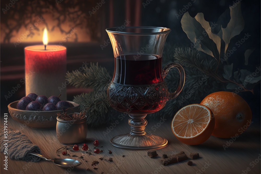 Aufkleber a painting of a glass of wine next to a bowl of fruit and a candle on a table with a lit candle in t