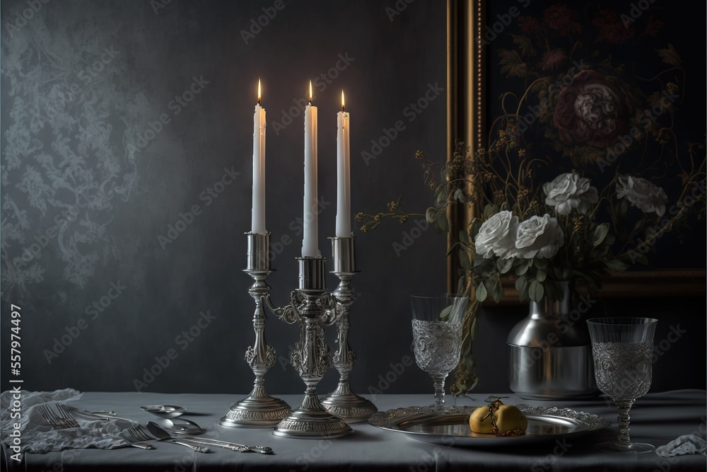 Poster a table topped with a plate of food next to a candle holder and a vase filled with flowers on top of