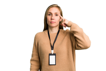 Young caucasian woman with ID card isolated pointing temple with finger, thinking, focused on a task.