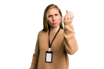 Young caucasian woman with ID card isolated showing fist to camera, aggressive facial expression.