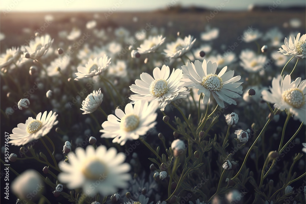 Aufkleber a field full of white flowers with a sky in the background of the photo and a sun shining through the clouds in the sky above the field and the flowers in the foreground., generative ai
