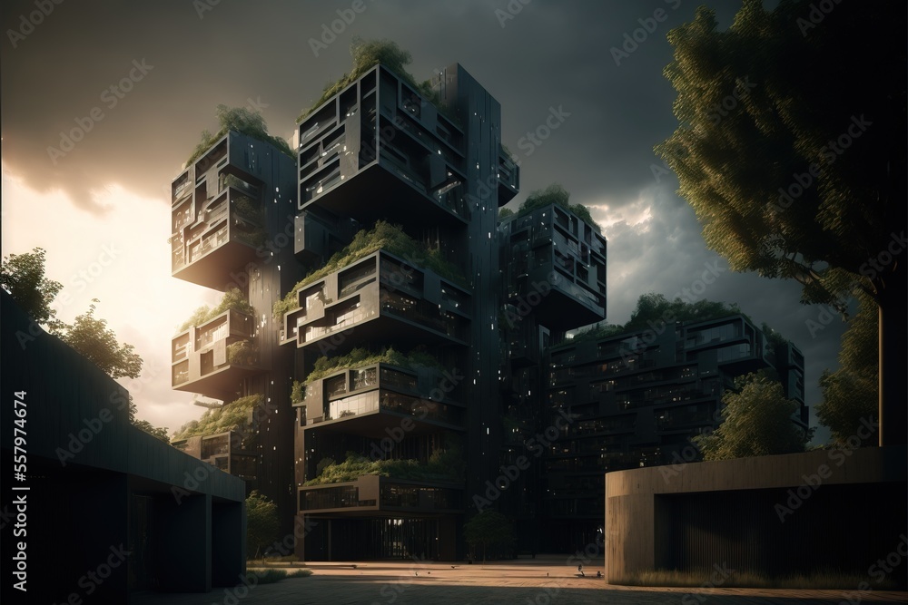 Poster a large group of buildings with balconies on top of each of the balconies are surrounded by trees an