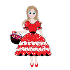 Graphic illustration of a young girl dressed in a layered dress of red and white polka dots carrying a valentine basket of hearts.