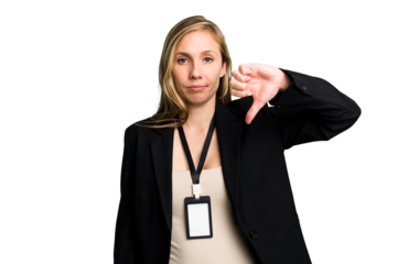 Young caucasian business woman with ID card isolated showing a dislike gesture, thumbs down. Disagreement concept.