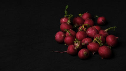 Rabanitos en fondo negro con copy space. Dark food