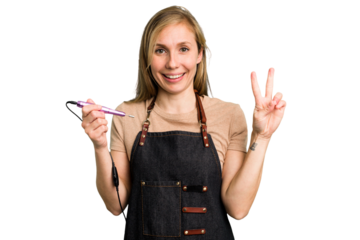 Young caucasian manicurist woman holding an electric file drill isolated showing number two with fingers.