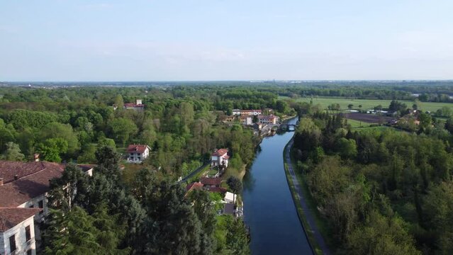 Aerial view Of the Naviglio Grande, Castelletto Di Cuggiono, near Milan, Italy