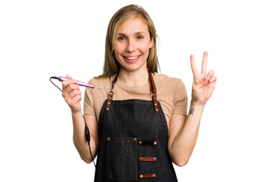 Young caucasian manicurist woman holding an electric file drill isolated showing number two with fingers.