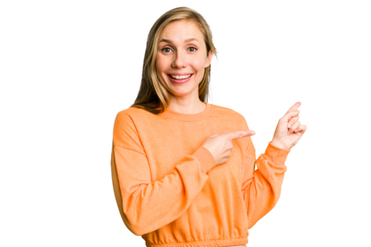Young caucasian woman cutout isolated excited pointing with forefingers away. - Powered by Adobe
