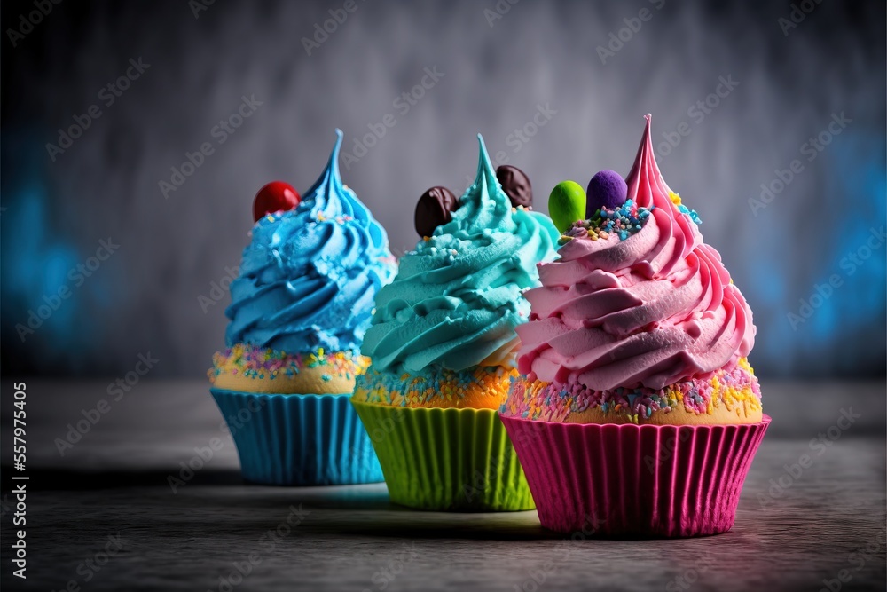 Poster three colorful cupcakes with frosting and sprinkles on a black table with blue and pink lights behin