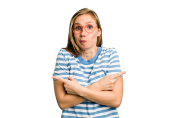Young caucasian woman cutout isolated points sideways, is trying to choose between two options.