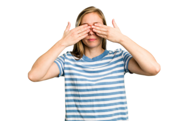 Young caucasian woman cutout isolated afraid covering eyes with hands.
