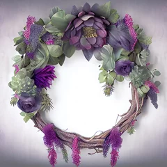  Generative AI: hoop of flowers and branches in purple tone hanging © justdd