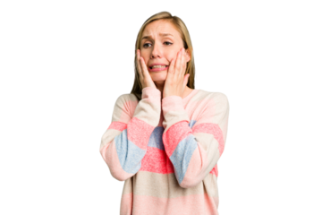 Young caucasian woman cutout isolated scared and afraid.