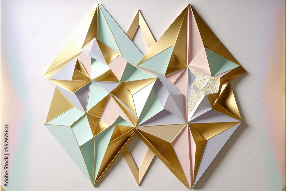 Poster a picture of a gold and white origami piece on a white background with a gold border around the edge