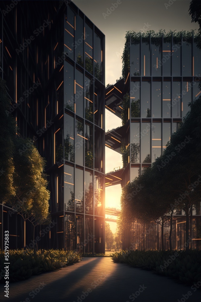 Poster a very tall building with a lot of windows on it's sides and trees on the other side of the building
