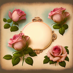 Generative AI: label with roses and ornate frame in the vintage center - obrazy, fototapety, plakaty
