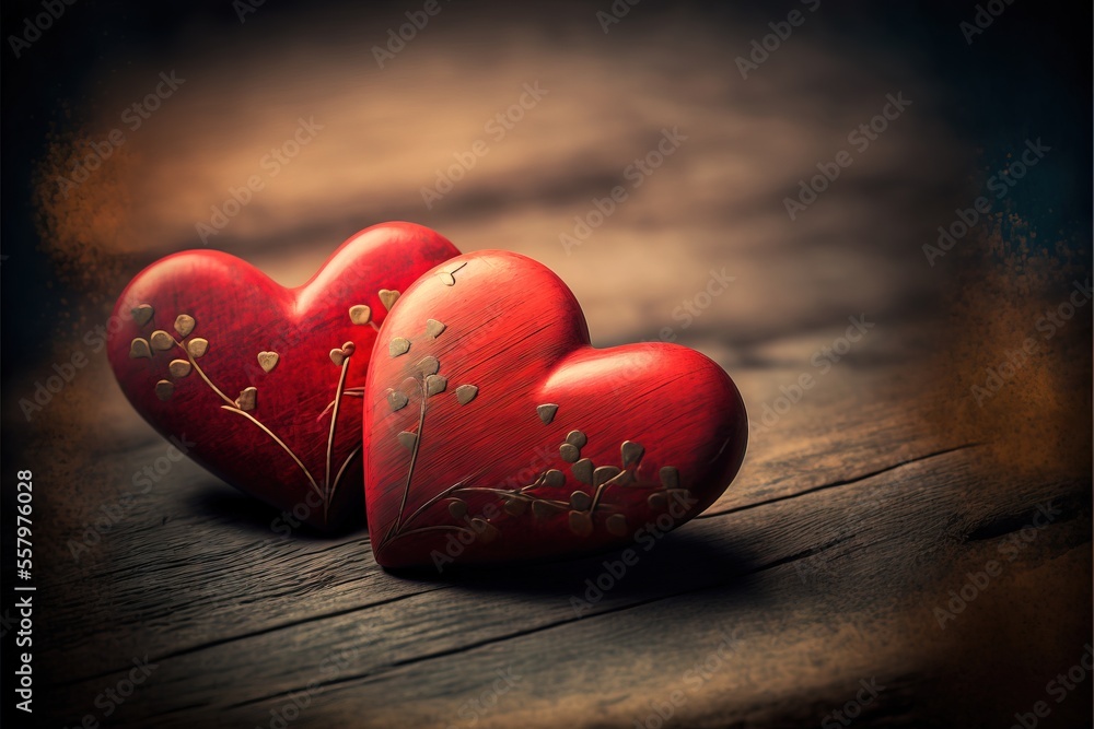 Poster two red heart shaped boxes sitting on top of a wooden table next to a wooden floor and a wooden tabl