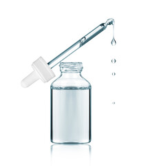 Cosmetic pipette with dripping drops close-up isolated on a white background