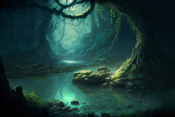 Fantasy forest pool AI generative - obrazy, fototapety, plakaty