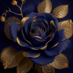 blue rose with golden ornament and blue background