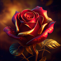 Generative AI: red rose with golden ornament and leaf