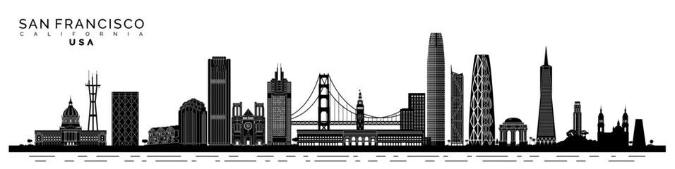 san francisco city skyline landmarks california black and white vector illustration, united states of america