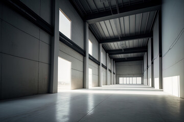 Fototapeta premium Vacant industrial structure with precast concrete ribbed beams and cement flooring. Generative AI