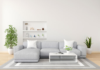 Gray sofa in white living room with copy space, 3D rendering
