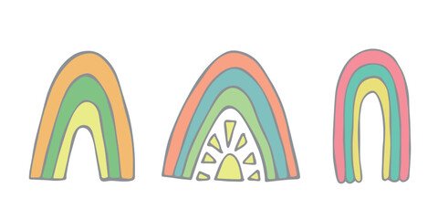 Hand drawn pastel rainbow set. Decorative elements for greeting card, kids and baby clothes print