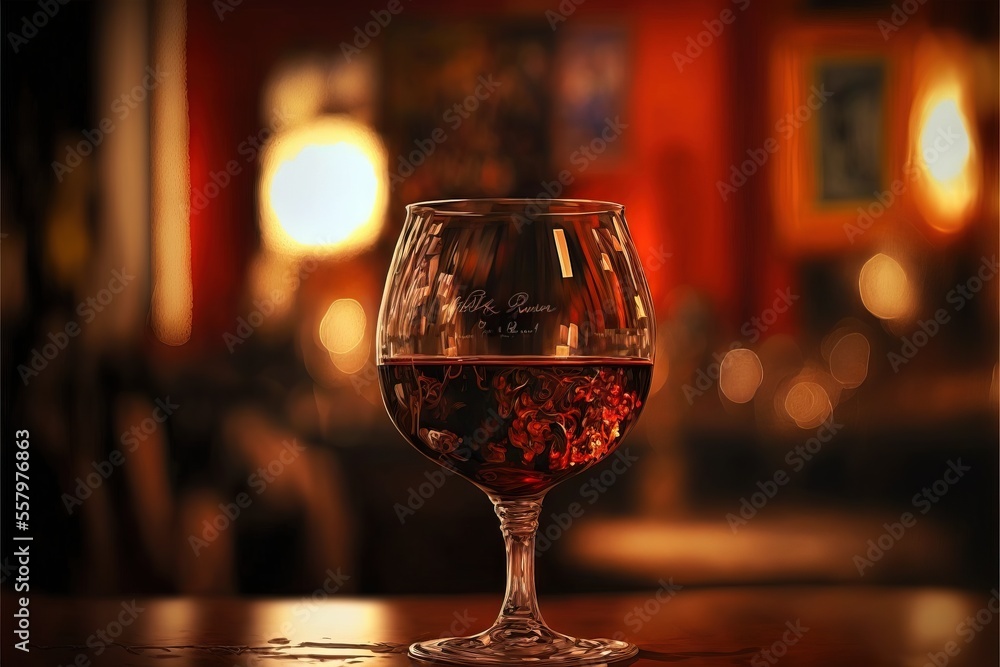 Poster a glass of red wine sitting on a table in a room with a red wall and a picture on the wall in the ba