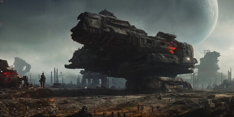 Fototapeta premium Ancient giant crashed space ship. Science fiction illustration, generative AI